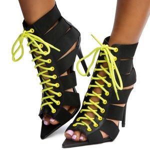 Black and Neón Open Toe Lace Up Booties